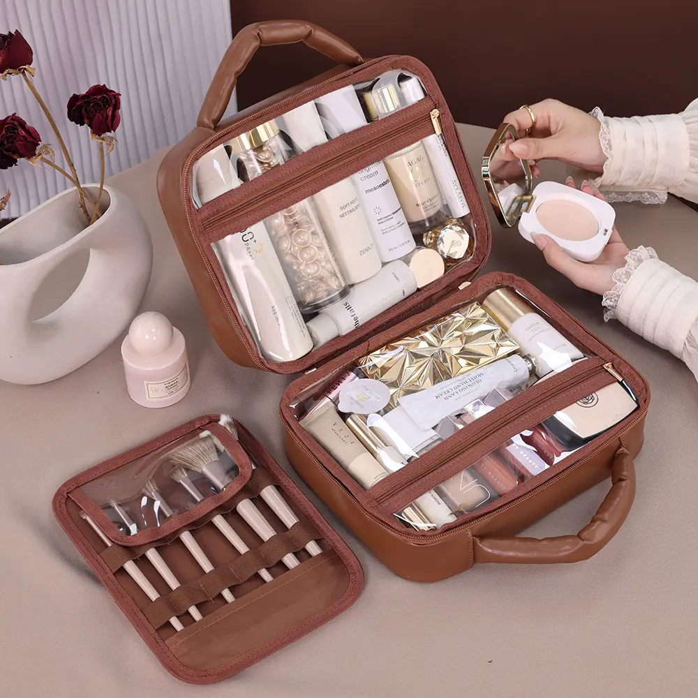 Large Capacity PU Grid Melody Women's Cosmetic Storage Box Portable Travel Makeup Bag High-end Feel Multi-compartment Wash Bag
