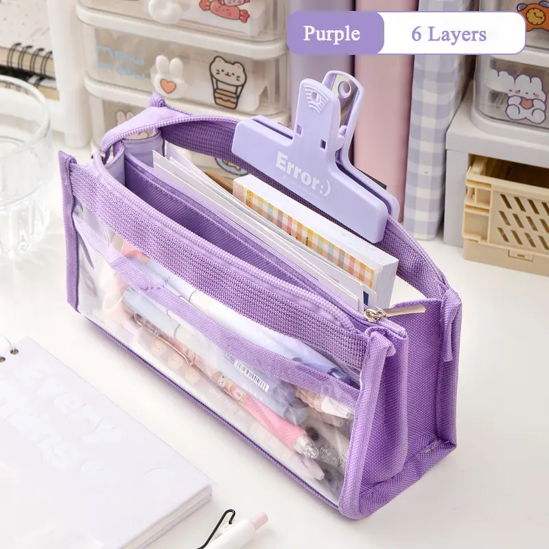 Six Layer Large Capacity Pencil Bag Pen Case Stationery Supplies High Appearance Aesthetic Transparent PVC Storage Organizer