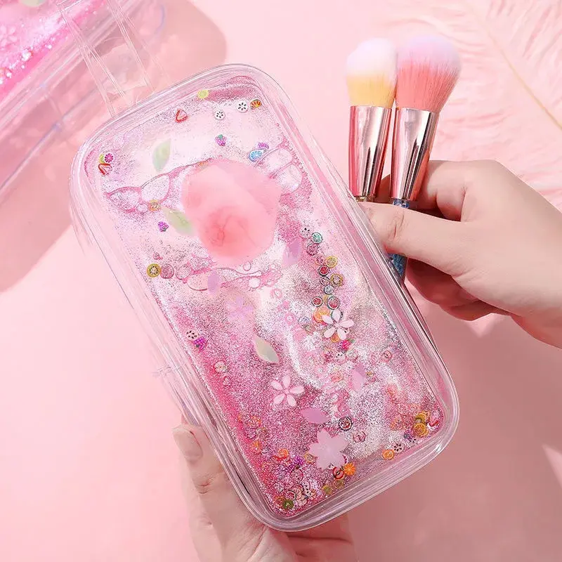 Cute Avocado Transparent Quicksand Pencil Case Cartoon Peach Large Capacity Pencil Case Stationery Case Portable Cosmetic Bag
