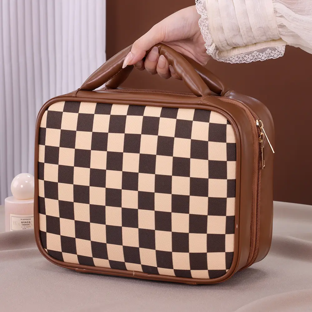 Large Capacity PU Grid Melody Women's Cosmetic Storage Box Portable Travel Makeup Bag High-end Feel Multi-compartment Wash Bag
