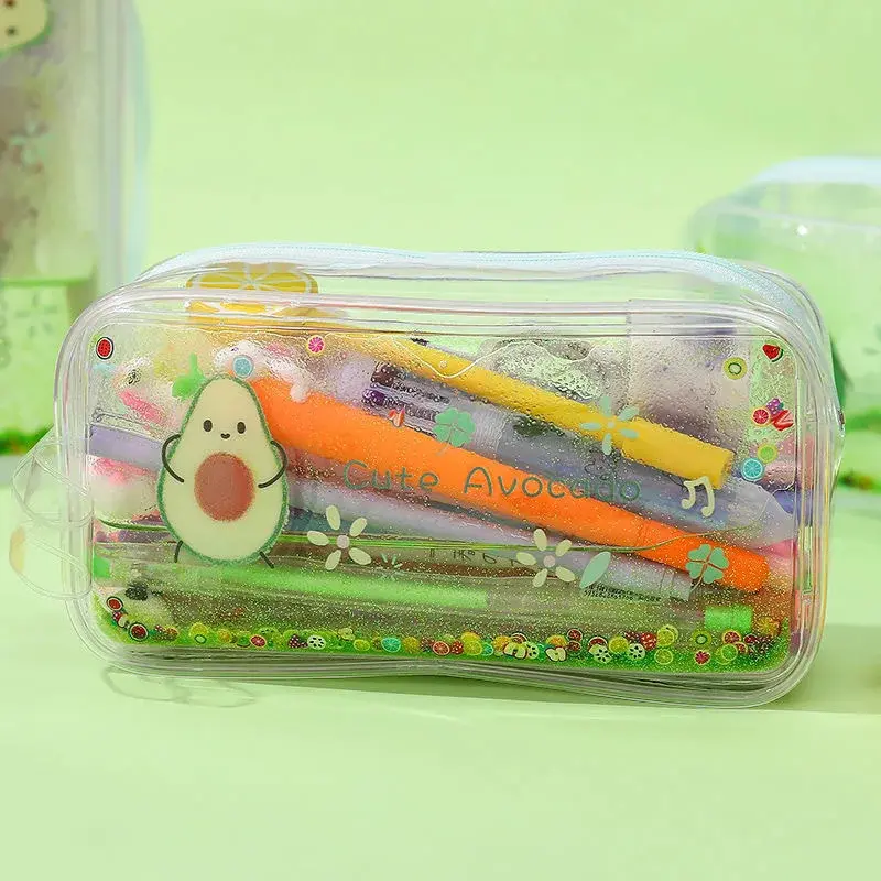 Cute Avocado Transparent Quicksand Pencil Case Cartoon Peach Large Capacity Pencil Case Stationery Case Portable Cosmetic Bag
