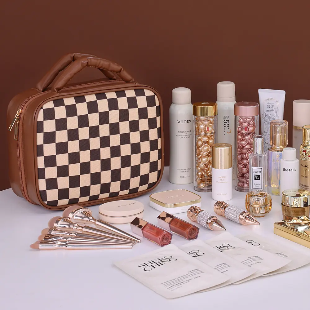 Large Capacity PU Grid Melody Women's Cosmetic Storage Box Portable Travel Makeup Bag High-end Feel Multi-compartment Wash Bag