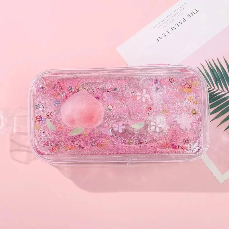Cute Avocado Transparent Quicksand Pencil Case Cartoon Peach Large Capacity Pencil Case Stationery Case Portable Cosmetic Bag