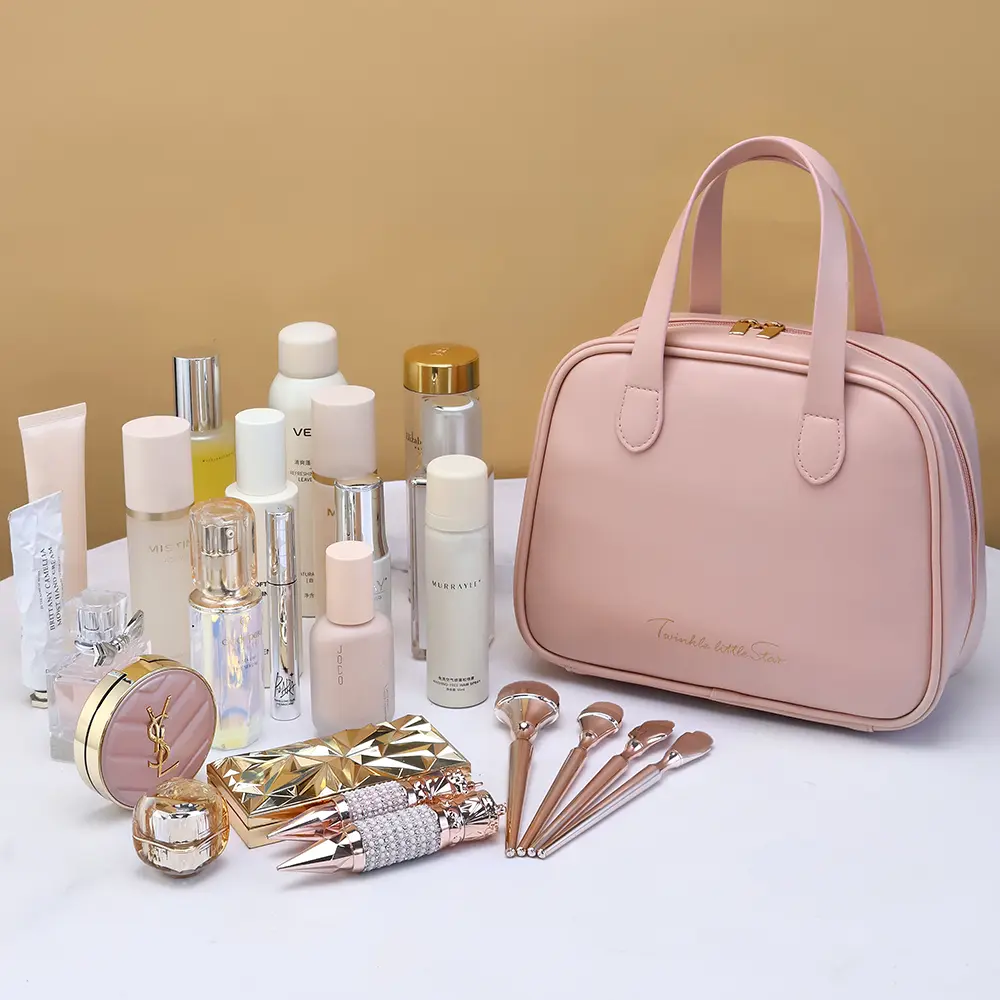 Women PU Makeup Bag Cosmetic Pouch Organizer Handle Travel Cosmetic Bag Compartmental Storage Large Capacity Toiletry Handbag