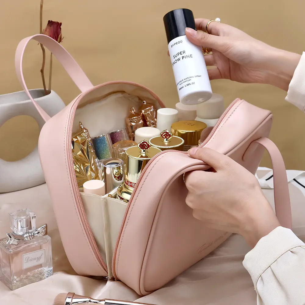 Women PU Makeup Bag Cosmetic Pouch Organizer Handle Travel Cosmetic Bag Compartmental Storage Large Capacity Toiletry Handbag