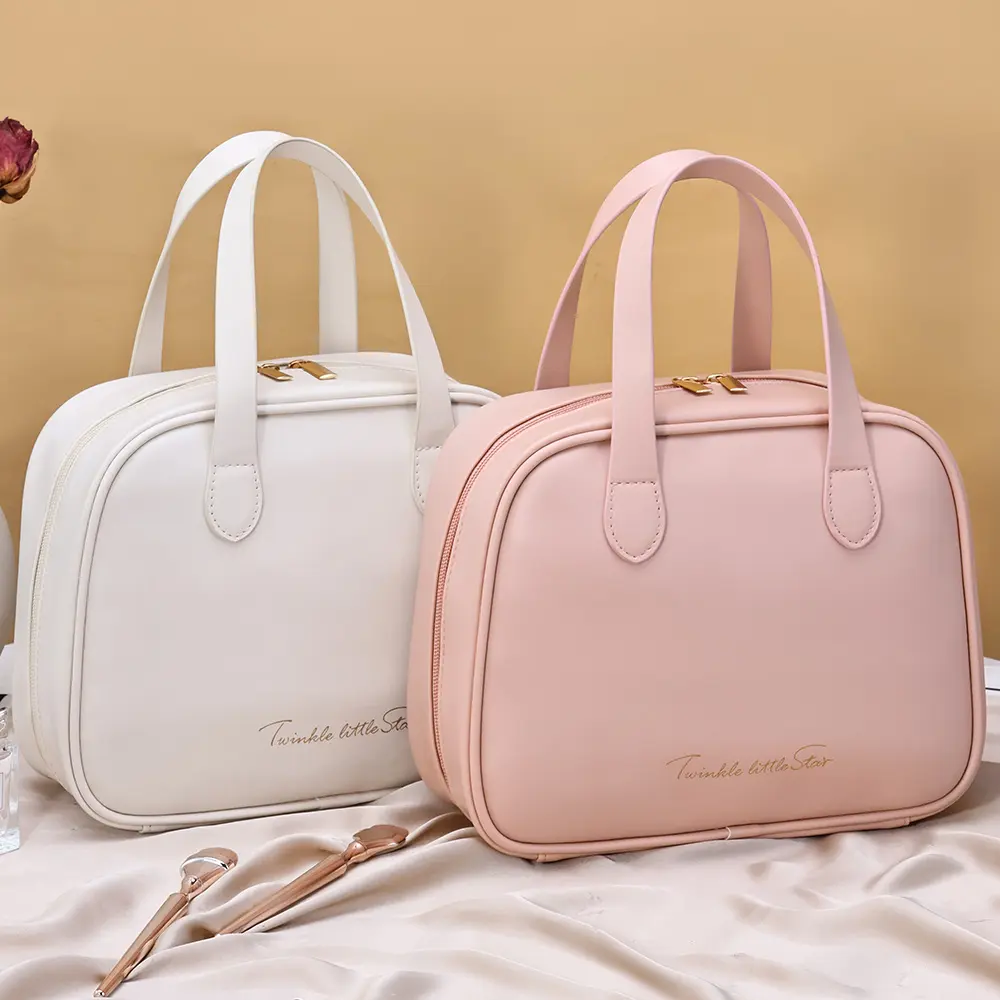 Women PU Makeup Bag Cosmetic Pouch Organizer Handle Travel Cosmetic Bag Compartmental Storage Large Capacity Toiletry Handbag