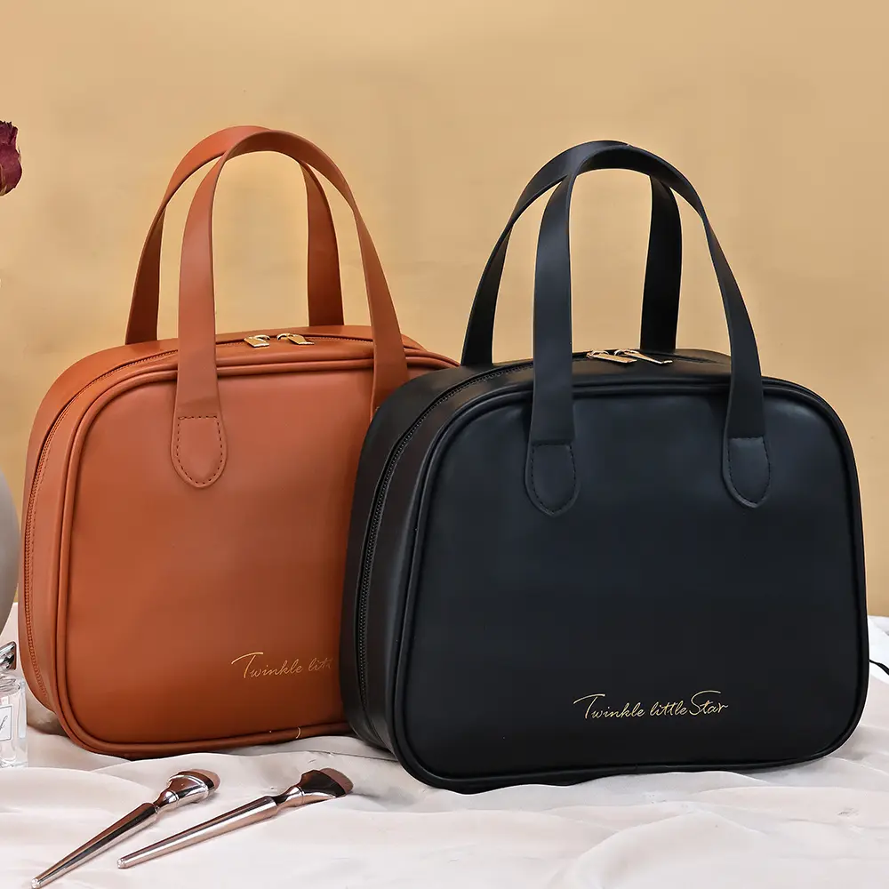 Women PU Makeup Bag Cosmetic Pouch Organizer Handle Travel Cosmetic Bag Compartmental Storage Large Capacity Toiletry Handbag
