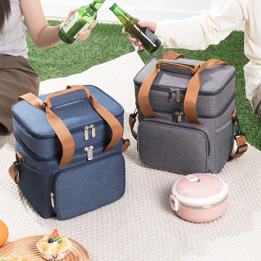 Double Layer Crossbody Lunch Bags Large Capacity Cooler Thermal Insulation Picnic Food Beverage Bag Outdoor Ice Bag Travel Bag