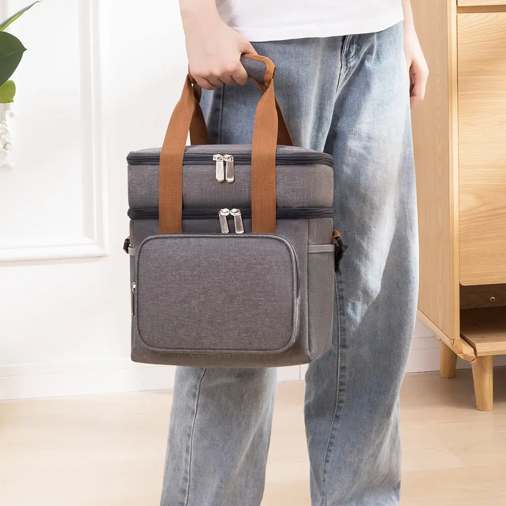 Double Layer Crossbody Lunch Bags Large Capacity Cooler Thermal Insulation Picnic Food Beverage Bag Outdoor Ice Bag Travel Bag