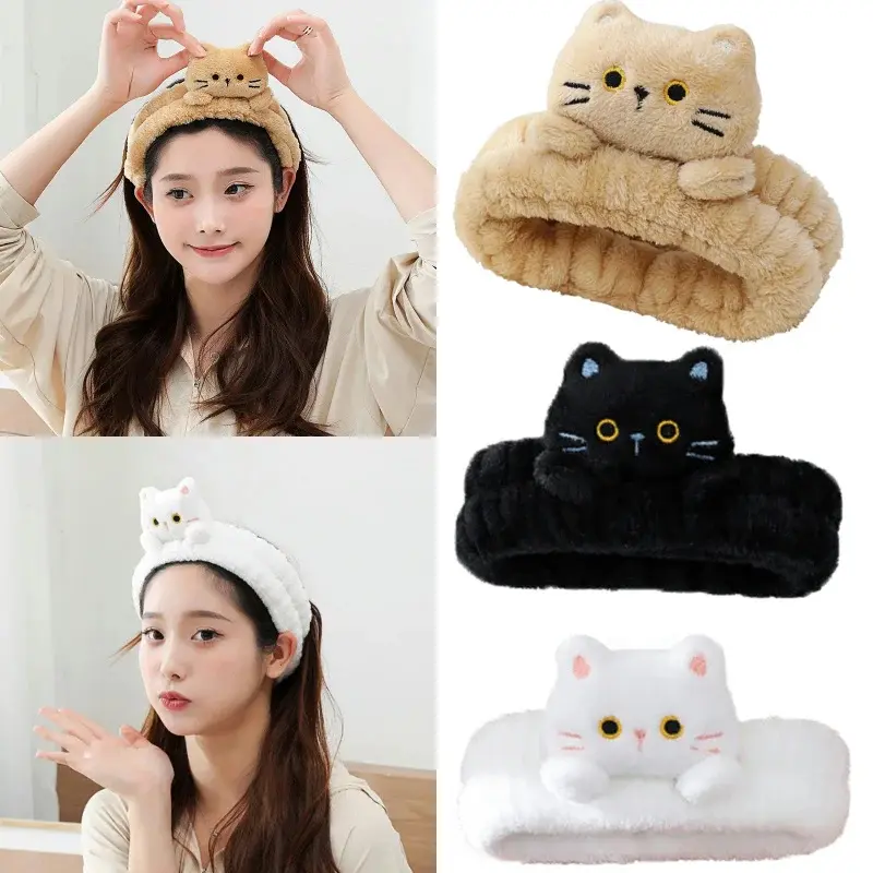 Cartoon Cute Cat Coral Fleece Head Bands ElasticMakeup Wash Face Hairbands Soft Traceless Facial Spa Headwear Hair Accessories