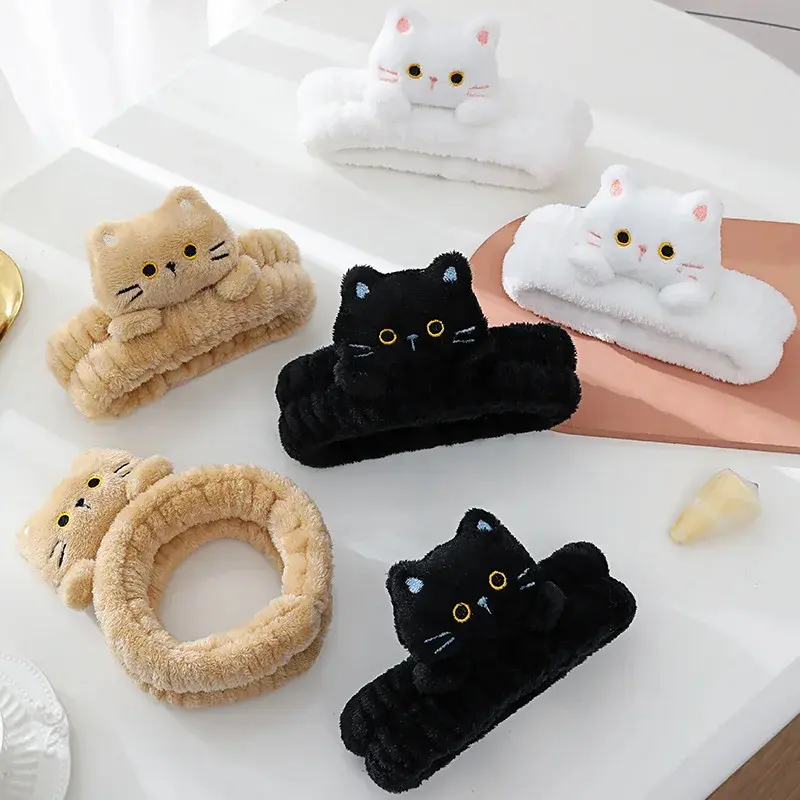 Cartoon Cute Cat Coral Fleece Head Bands ElasticMakeup Wash Face Hairbands Soft Traceless Facial Spa Headwear Hair Accessories