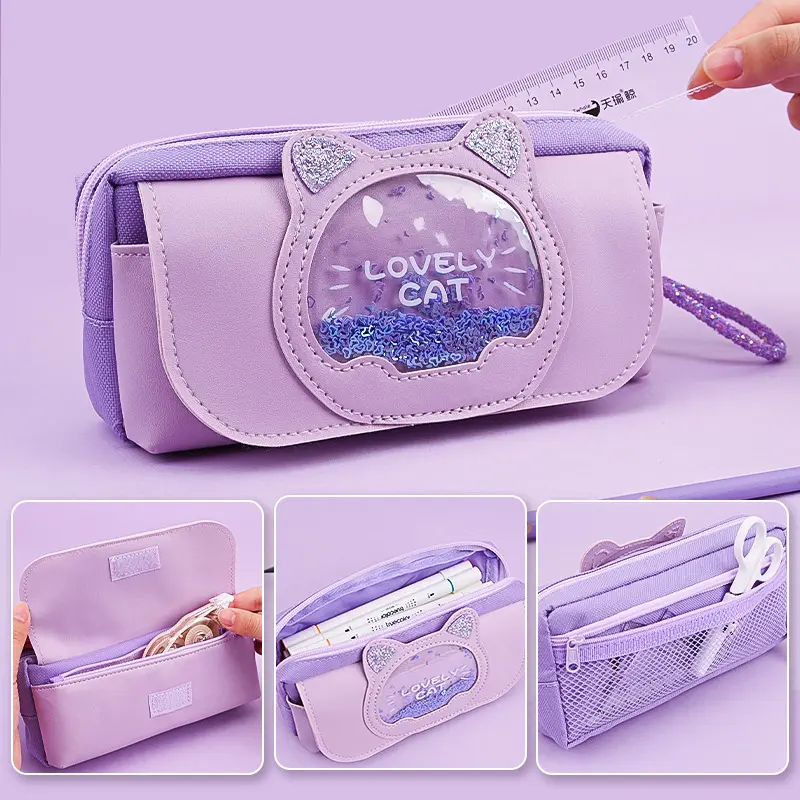 Quicksand Cat Pencil Case Cute Pencil Bag Three Layers Big Pen Case Girls Kawaii Stationery Bag Cartoon Animals Pen Box Student