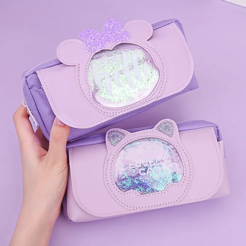 Quicksand Cat Pencil Case Cute Pencil Bag Three Layers Big Pen Case Girls Kawaii Stationery Bag Cartoon Animals Pen Box Student