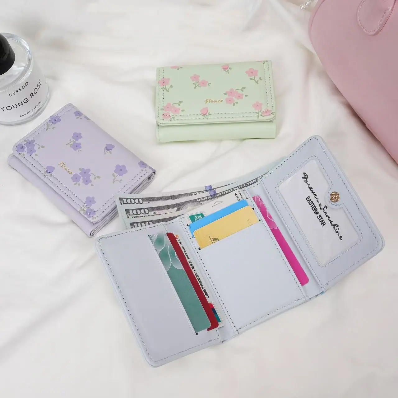 Women Fashion Flowers Short Wallet PU Leather Mini Coin Purse Tri-fold Portable Girls Card Holder INS Clutch Bag