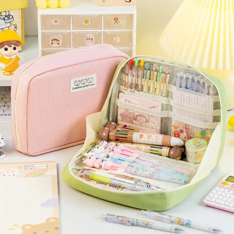 Large Capacity Pencil Bag Aesthetic School Girls Pink Canvas Pencil Box Stationery Pen Case Zipper Pencil Pouch School Supplies