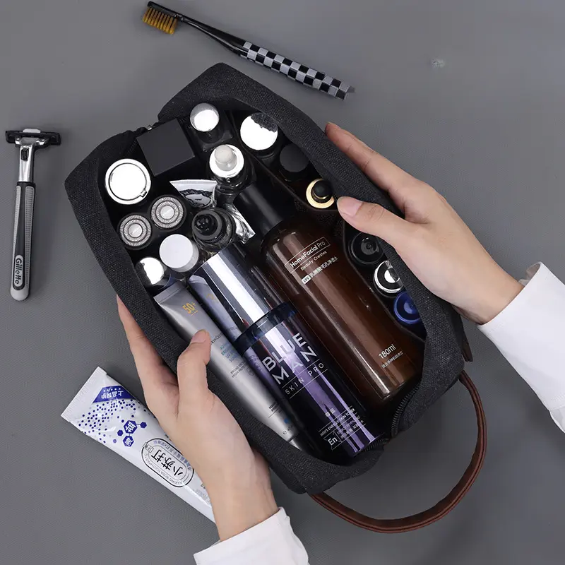 New Vintage Men's Cosmetic Bag Canvas PU Stitching Toiletry Bag Travel Essentials Portable Cosmetics Organizer Storage Bag