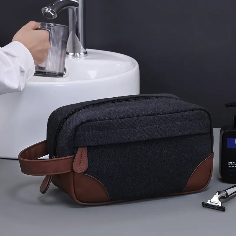 New Vintage Men's Cosmetic Bag Canvas PU Stitching Toiletry Bag Travel Essentials Portable Cosmetics Organizer Storage Bag
