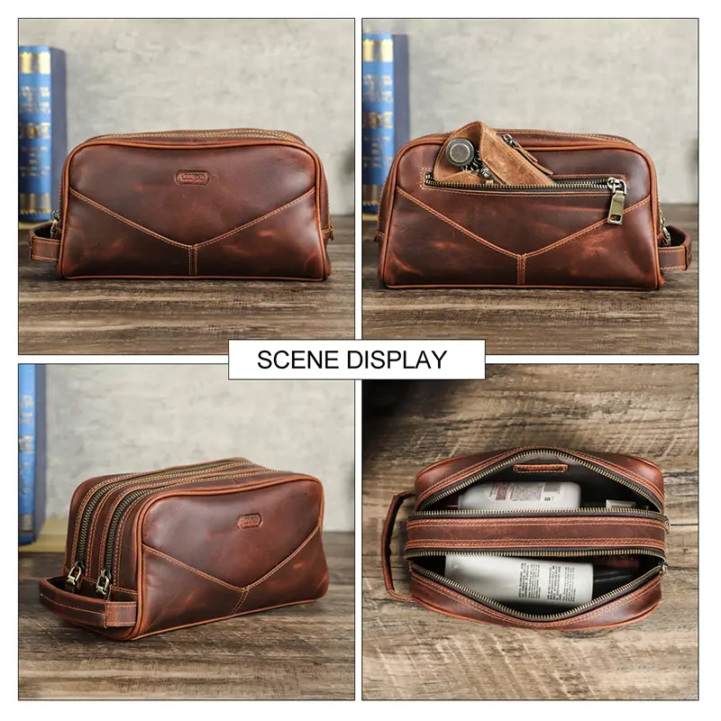 Crazy Horse Genuine Leather Travel Makeup Bag Men's Vintage Leather Cosmetic Cases Luxury Brand Washing Storage Toiletry Bags