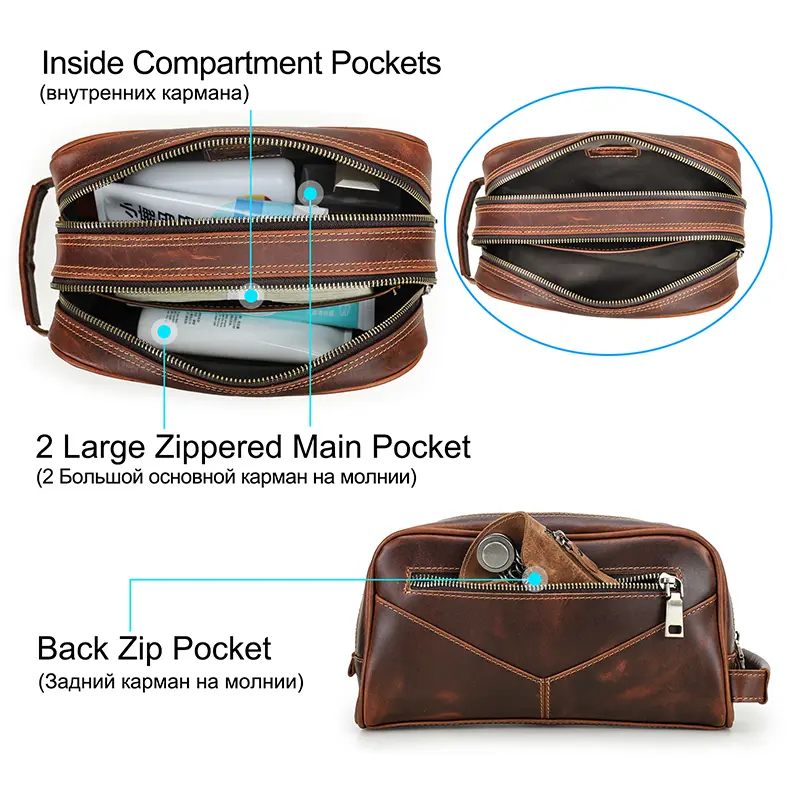 Crazy Horse Genuine Leather Travel Makeup Bag Men's Vintage Leather Cosmetic Cases Luxury Brand Washing Storage Toiletry Bags