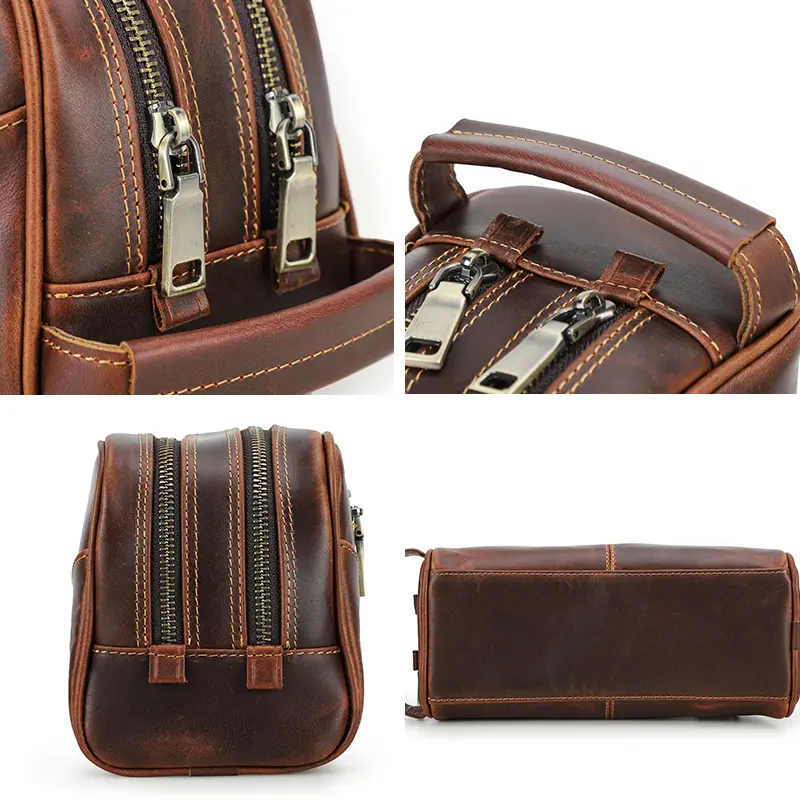 Crazy Horse Genuine Leather Travel Makeup Bag Men's Vintage Leather Cosmetic Cases Luxury Brand Washing Storage Toiletry Bags