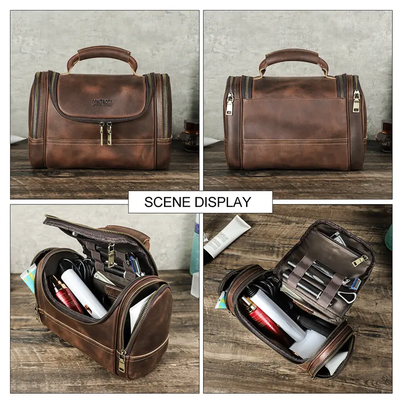 CONTACT'S Genuine Leather Cosmetic Bag for Men Travel Toiletries Bags Designer Top-handle Makup Wash Bag Organizer Capacity