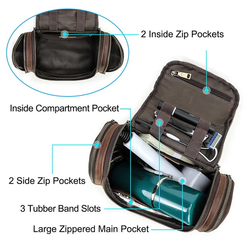 CONTACT'S Genuine Leather Cosmetic Bag for Men Travel Toiletries Bags Designer Top-handle Makup Wash Bag Organizer Capacity