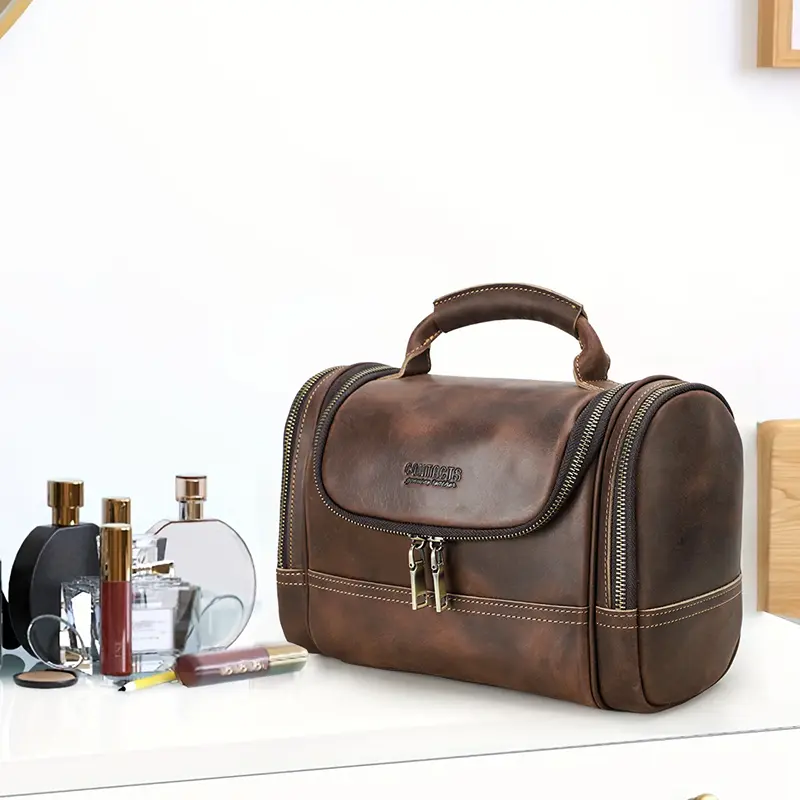 CONTACT'S Genuine Leather Cosmetic Bag for Men Travel Toiletries Bags Designer Top-handle Makup Wash Bag Organizer Capacity
