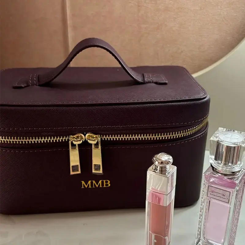 Ladies Saffiano Split Leather Travel Toiletry Case Bag Portable Hanging Makeup Organizer Box Dopp Kit Cosmetic Bag For Women