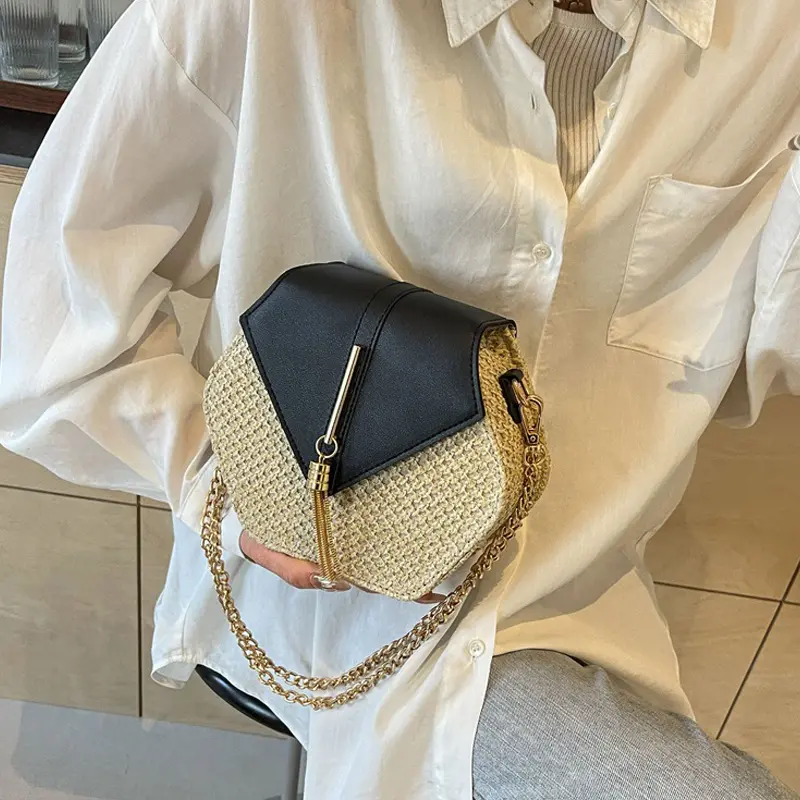 Women Straw and Leather Tote Handbag Lady Summer Rattan Shoulder Bag Girls Handmade Woven Beach Crossbody Bag