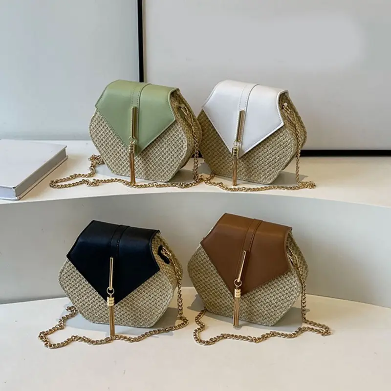 Women Straw and Leather Tote Handbag Lady Summer Rattan Shoulder Bag Girls Handmade Woven Beach Crossbody Bag