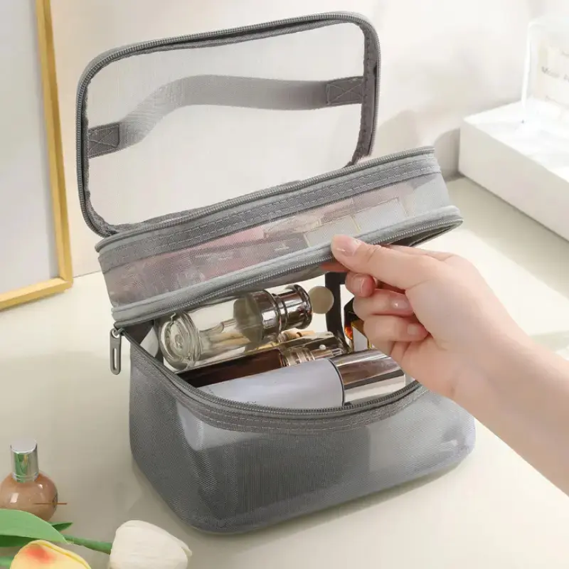 Large capacity mesh cloth makeup bag travel essentials ​cosmetics Organizer Women toiletry bag Double layer design cosmetic bag