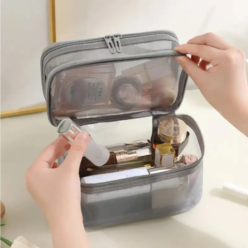 Large capacity mesh cloth makeup bag travel essentials ​cosmetics Organizer Women toiletry bag Double layer design cosmetic bag