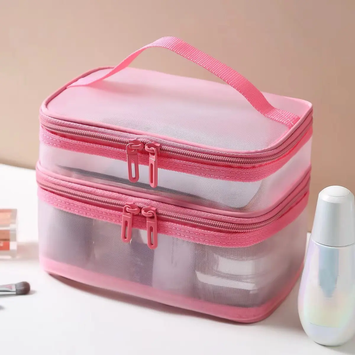 Large capacity mesh cloth makeup bag travel essentials ​cosmetics Organizer Women toiletry bag Double layer design cosmetic bag