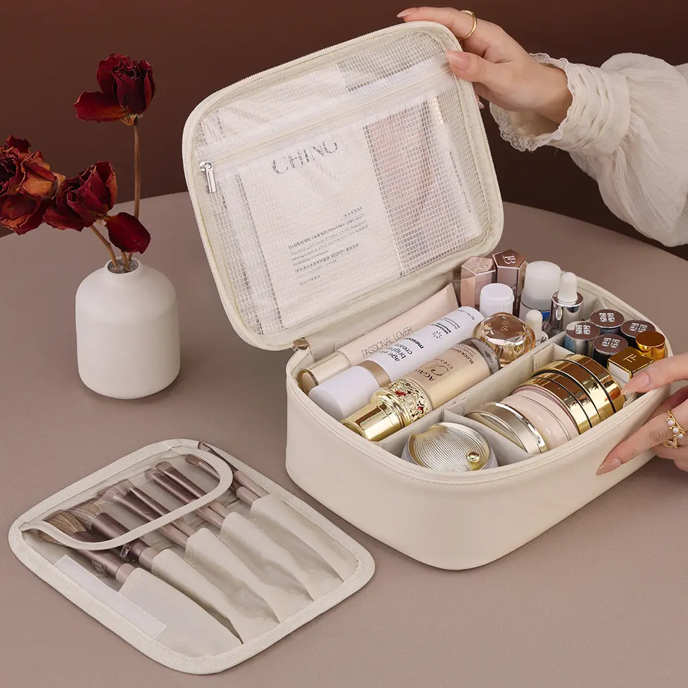 PU Leather Double Layer Makeup Bag Large Capacity Cosmetic Bag Luxury Cosmetics Organizer Women's Travel Essentials