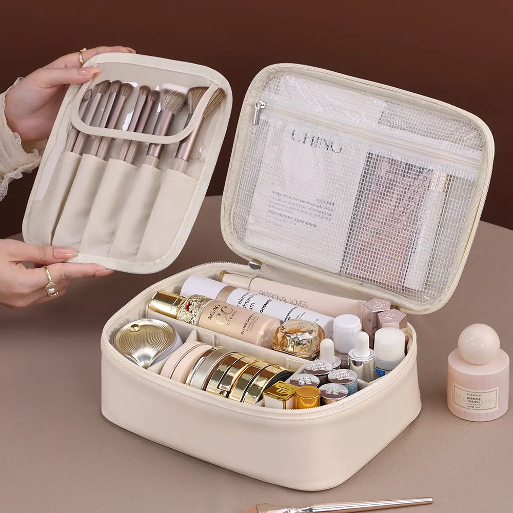 PU Leather Double Layer Makeup Bag Large Capacity Cosmetic Bag Luxury Cosmetics Organizer Women's Travel Essentials
