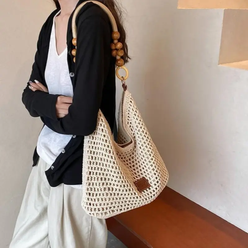 Beach Summer Bag for Women Mesh Woven Shoulder Bag Adjustable Strap Handbag Large Capacity Hobo Bag for Travel Vacation