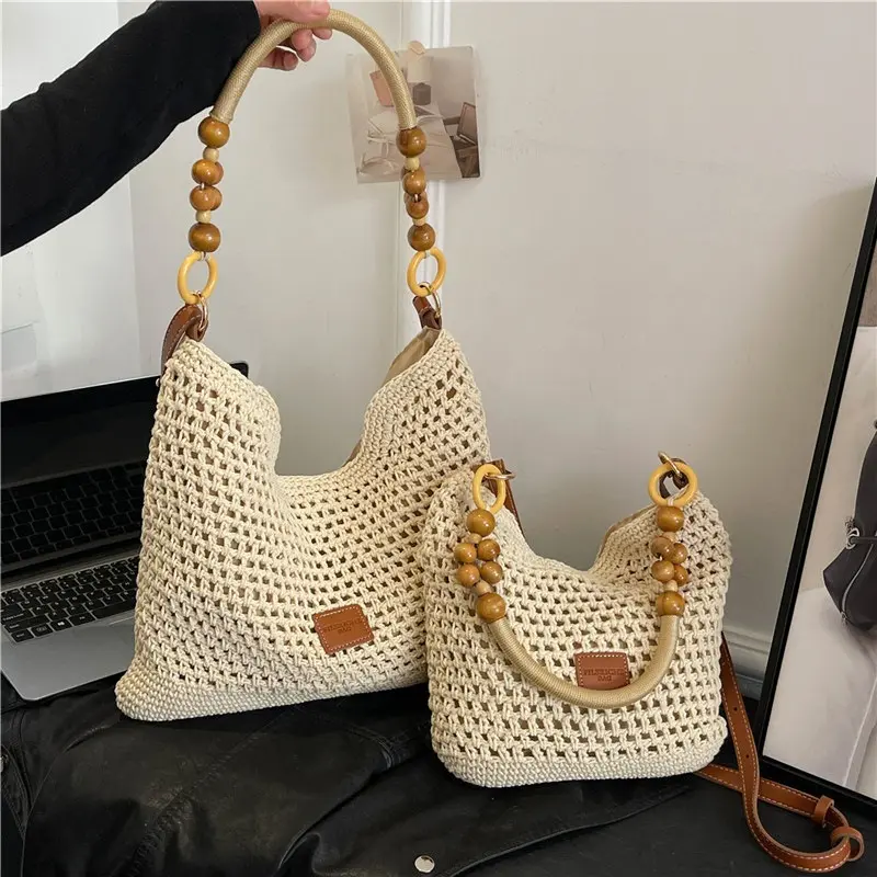 Beach Summer Bag for Women Mesh Woven Shoulder Bag Adjustable Strap Handbag Large Capacity Hobo Bag for Travel Vacation