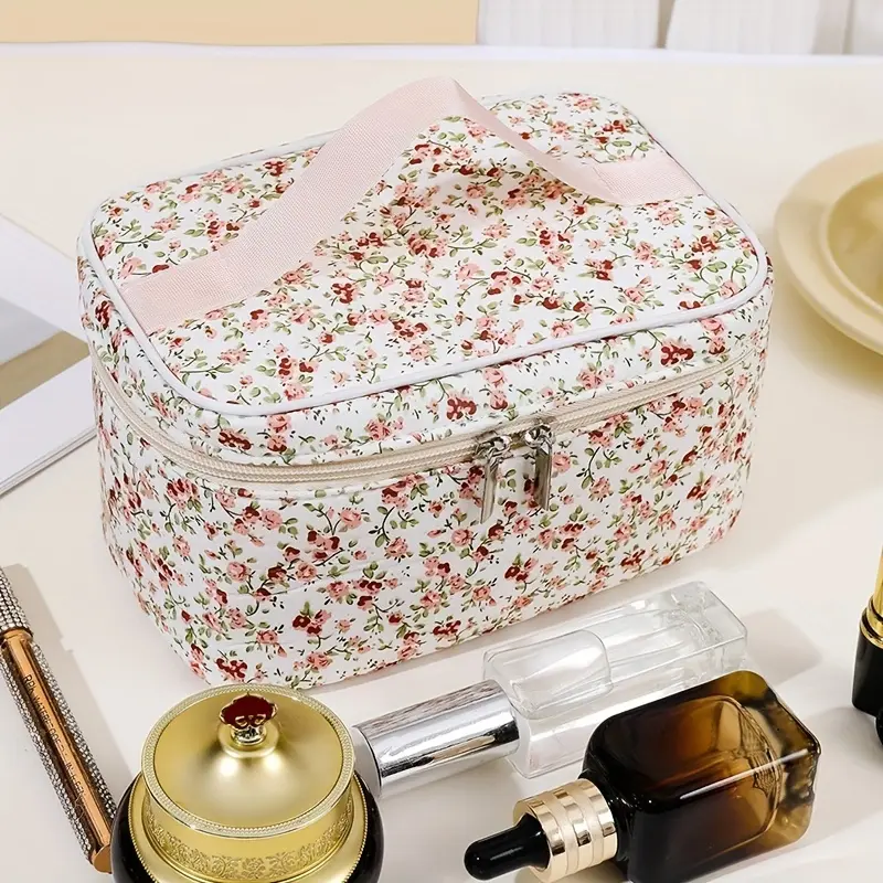 Large-Capacity Makeup Bag Floral Print Cosmetic Bag For Girl Portable Women's Cosmetic Bag Travel Bag Bathroom Wash Bag, For Ea