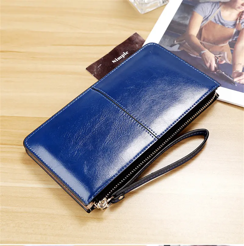 Women's Vintage Oil Wax PU Leather Clutch Wallet Female Large Capacity Phone Purse Ladies Wristband Simple Card Holder Pouch Bag