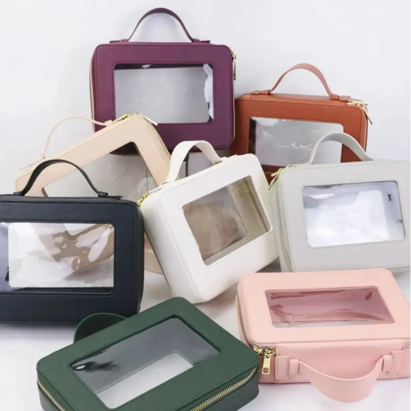 Free customed initial travel cosmetic bag set colorful saffiano leather travel clear handle cosmetic bag tpu makeup bag