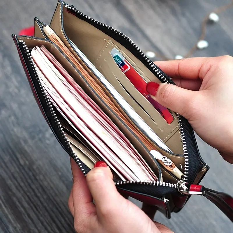 Women's Vintage Oil Wax PU Leather Clutch Wallet Female Large Capacity Phone Purse Ladies Wristband Simple Card Holder Pouch Bag