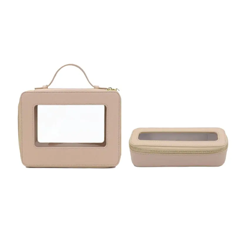 Free customed initial travel cosmetic bag set colorful saffiano leather travel clear handle cosmetic bag tpu makeup bag