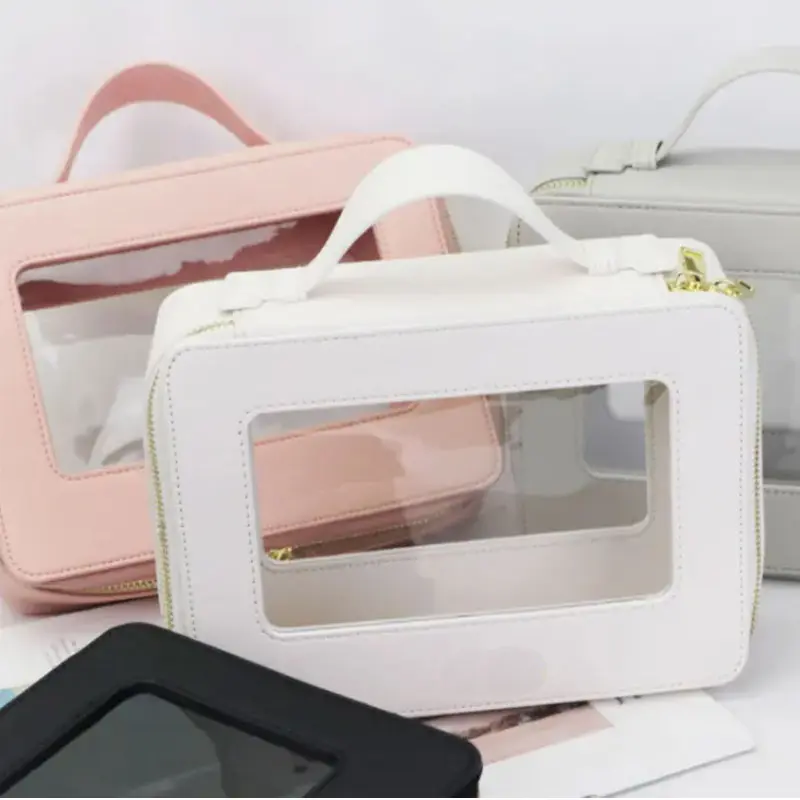 Free customed initial travel cosmetic bag set colorful saffiano leather travel clear handle cosmetic bag tpu makeup bag