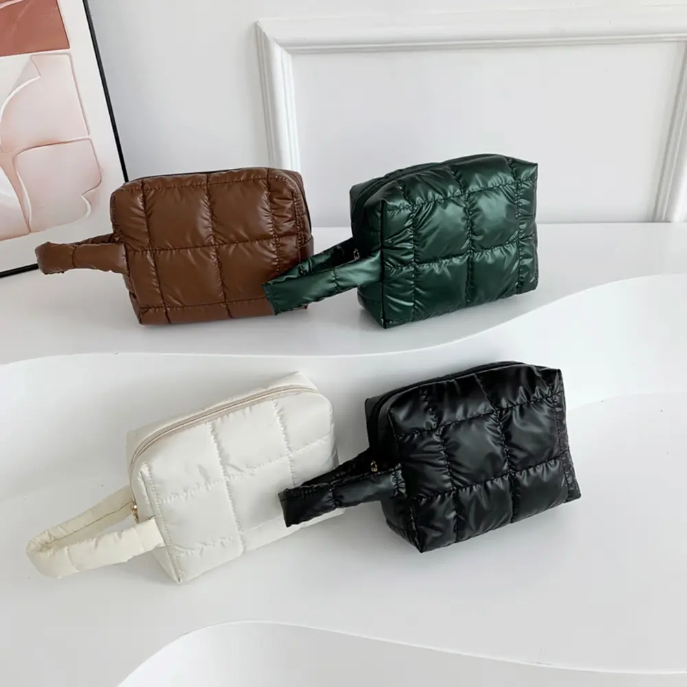 Women Quilted Makeup Bag Portable Cosmetic Pouch Large Capacity Puffer Storage Bag with Handle Solid Color for Outdoor Travel