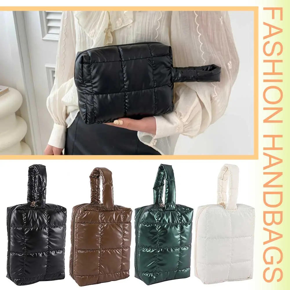 Women Quilted Makeup Bag Portable Cosmetic Pouch Large Capacity Puffer Storage Bag with Handle Solid Color for Outdoor Travel
