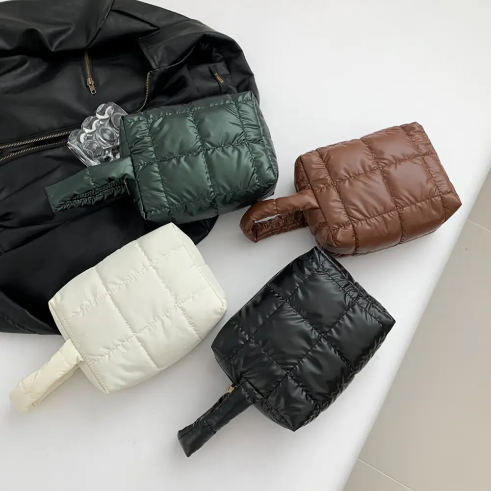 Women Quilted Makeup Bag Portable Cosmetic Pouch Large Capacity Puffer Storage Bag with Handle Solid Color for Outdoor Travel