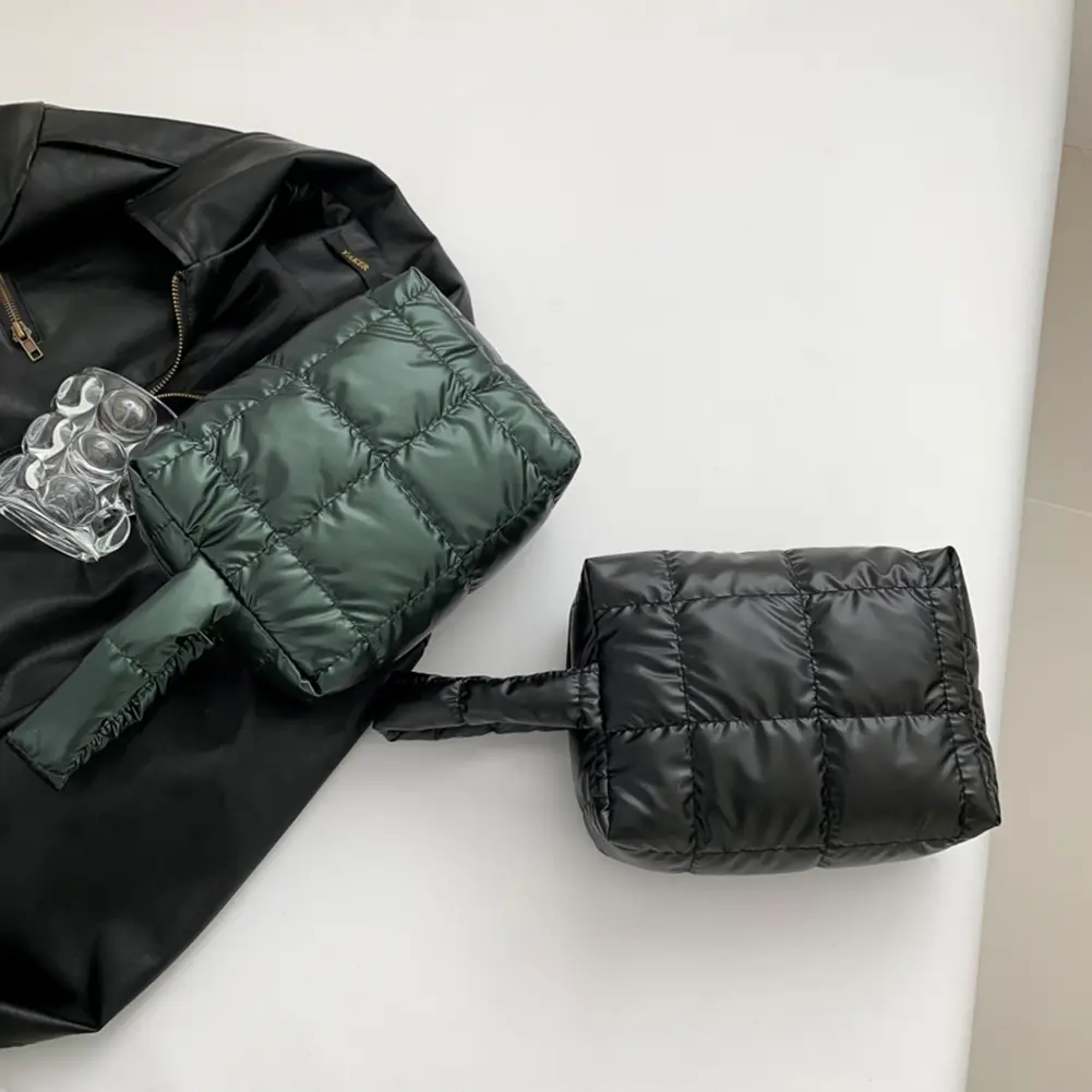 Women Quilted Makeup Bag Portable Cosmetic Pouch Large Capacity Puffer Storage Bag with Handle Solid Color for Outdoor Travel