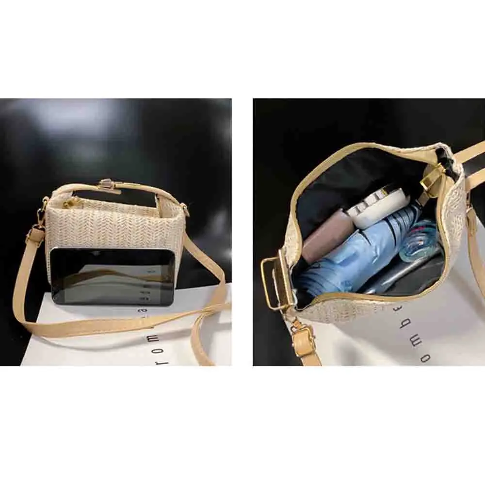 Simple Crossbody Bag Large Capacity Straw Handbag Woven Lightweight Shoulder Bag For Outdoor Beach Shopping