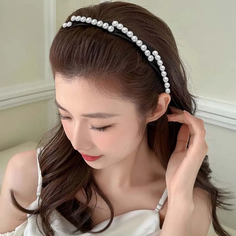 All-matched Forsted Foldable Pearl Headband Plastic Small Retractable Hair Hoop Coffee Pink Portable Hair Band Girls