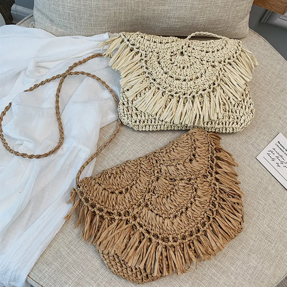 Fashion Exquisite Shopping Bag Straw Rattan Weave Shoulder Crossbody Bags Ladies Beach Tassels Handbag Purse